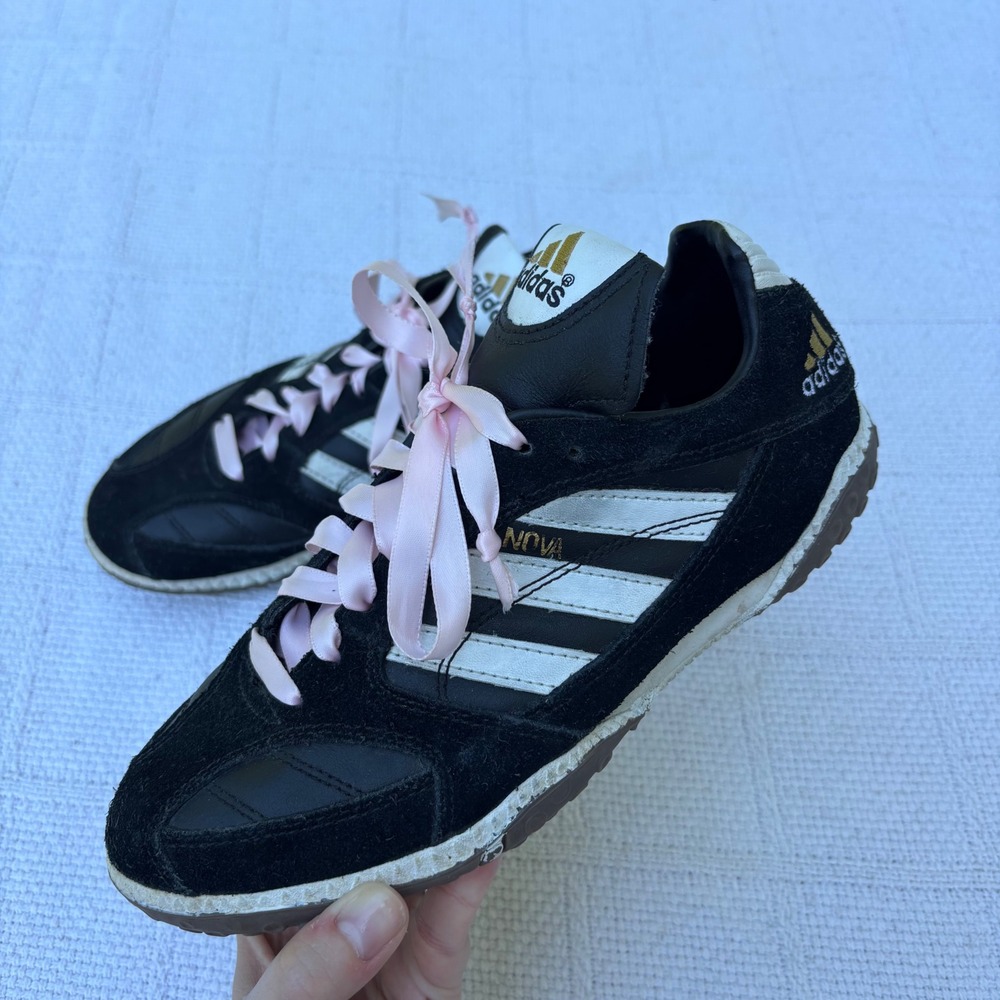 Women's 6 Vintage 1997 ADIDAS Nova Black Suede Leather Ribbon Coquette Sneakers